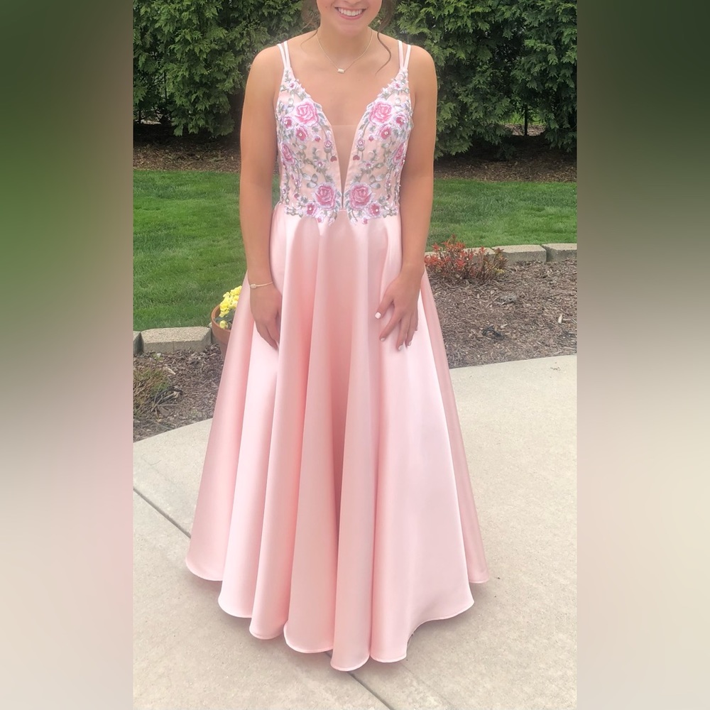 Alyce Paris flower embroidered pink long dress